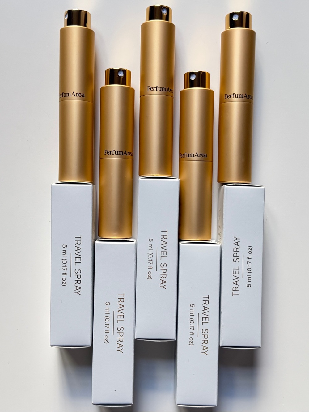 Set of 5 Empty Gold Refillable Perfume Atomizers 5ml/0.17oz Glass+Metal, in box